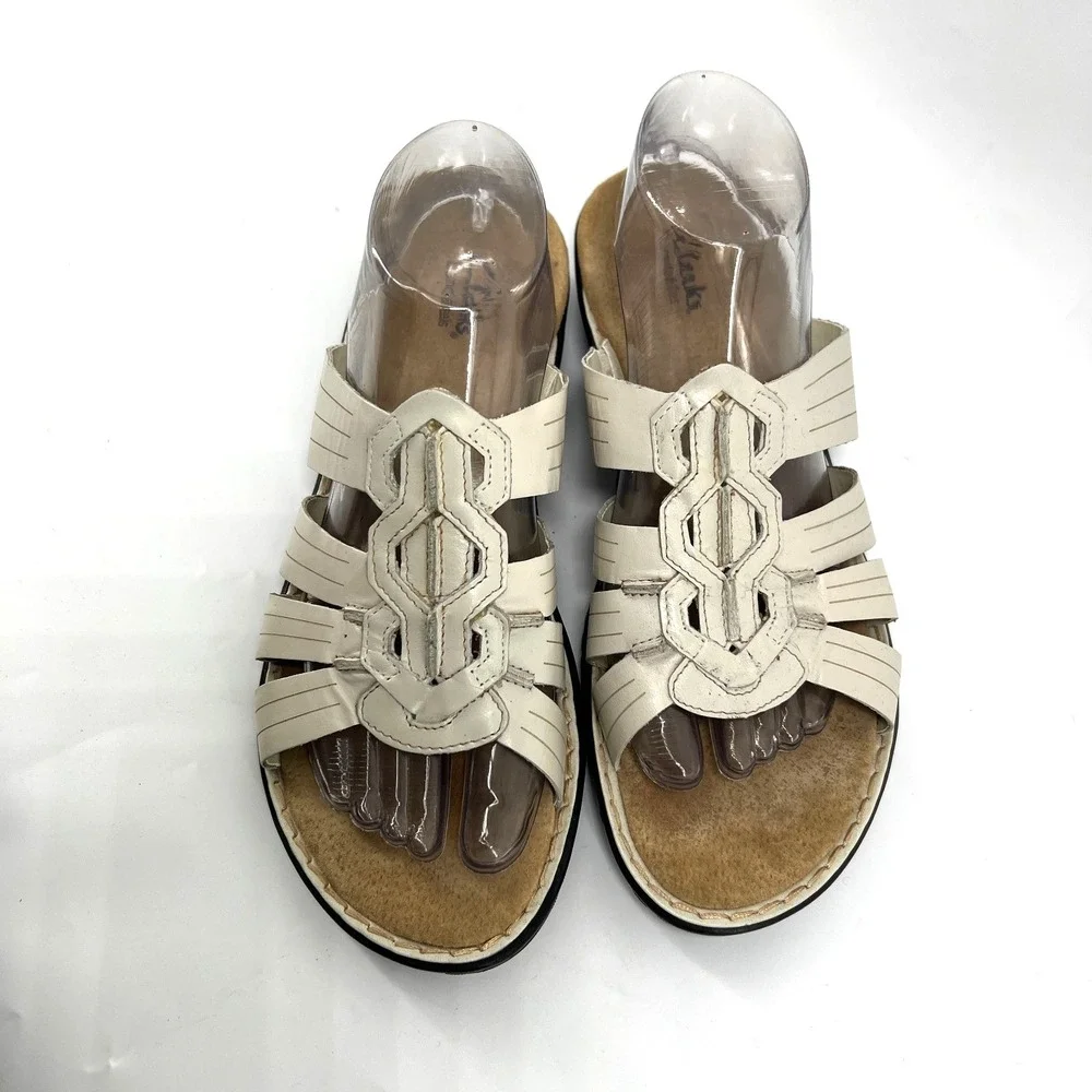 Clarks Women's 9 M Off White Leather Slide Sandals Comfort Strappy Shoes